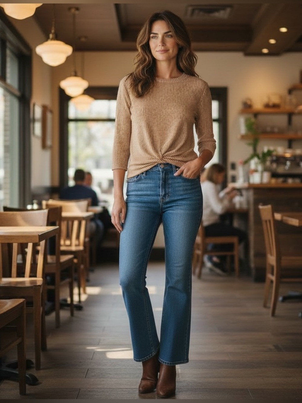 Anthropologie W5 Women's Golden Ribbed Twist-Hem 3/4 Sleeve Top Large
